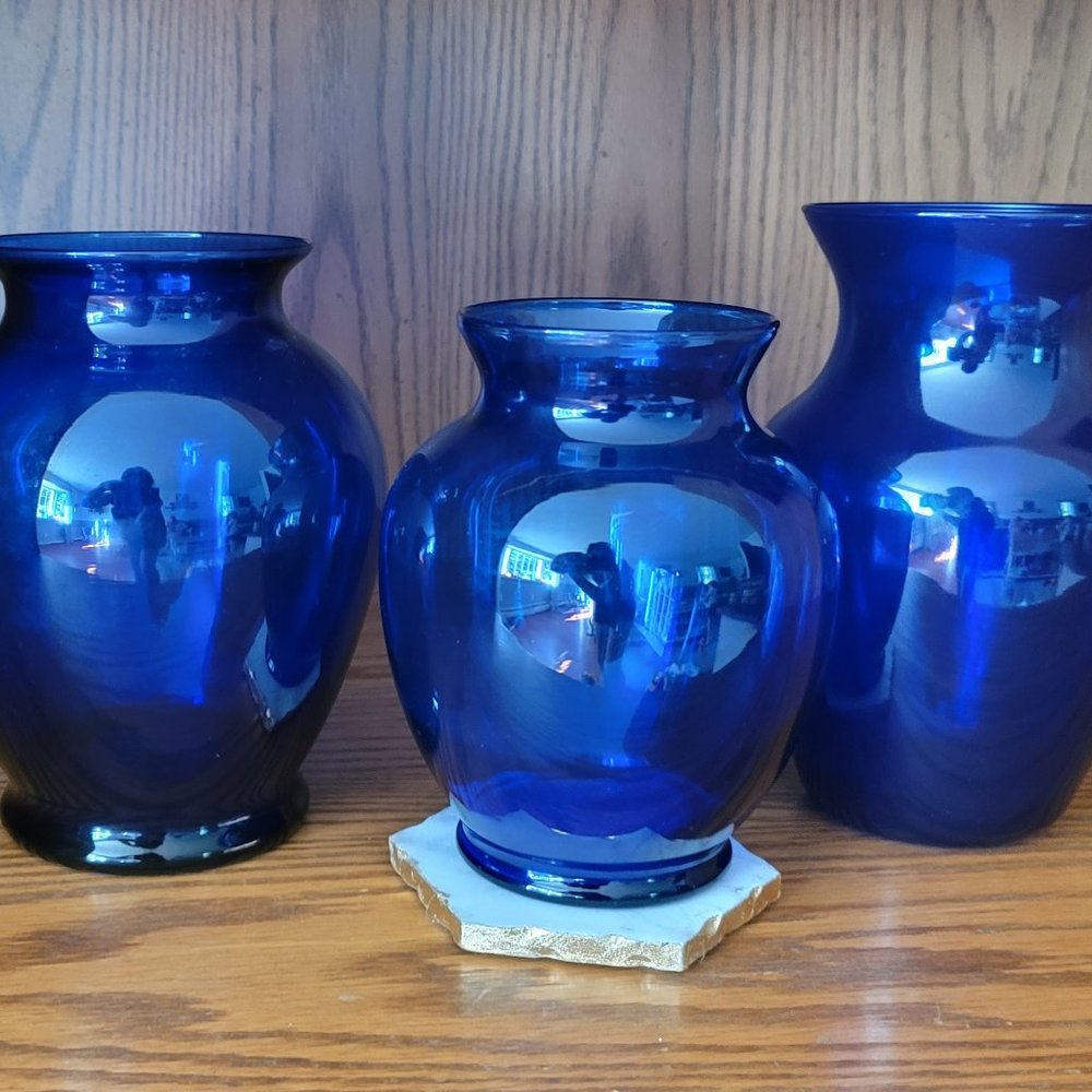 Set of 3 Vintage Blue Cobalt Glass Vases